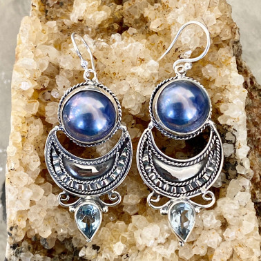 ER 15037 BP-BT-HANDMADE 925 BALI SILVER FILIGREE EARRINGS WITH BLUE MABE PEARL AND BLUE TOPAZ